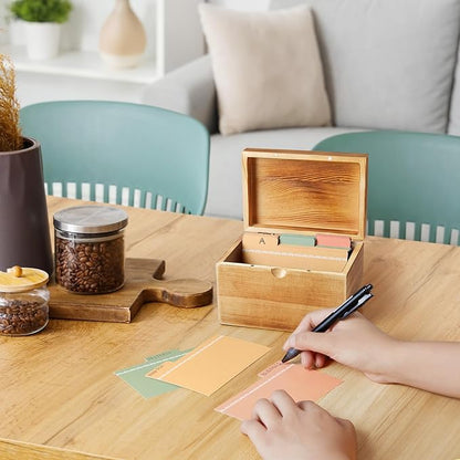 DRASTAR Wooden Index Card Organizer, 3x5 Index Card Box with 45 Dividers, Flashcard Notecard Holders for Home Office, Brown