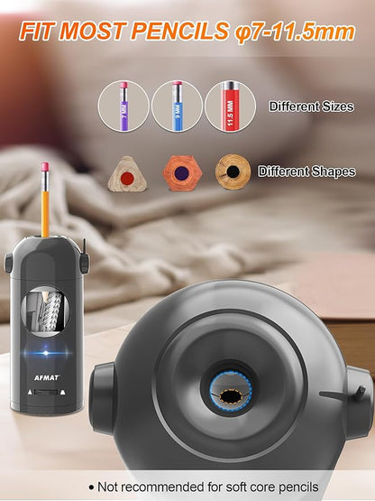 AFMAT Electric Pencil Sharpener for Colored Pencils 7-11.5mm, Fully Automatic Robot Pencil Sharpener, Auto in & Out, Rechargeable Hands-Free Pencil Sharpener for Large Pencils, Home, Classroom, Gray