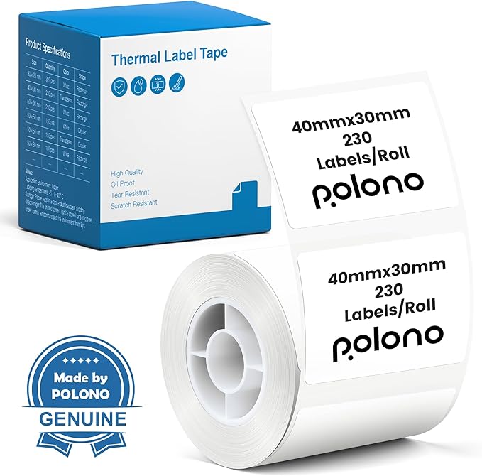 POLONO Genuine Thermal Labels for PM220S Label Makers, 1.57"x1.18" (40x30mm) Thermal Label, Waterproof, Multi-Purpose Self-Adhesive Labels for Small Bussiness, Office, School, 230 Labels/Roll (White)