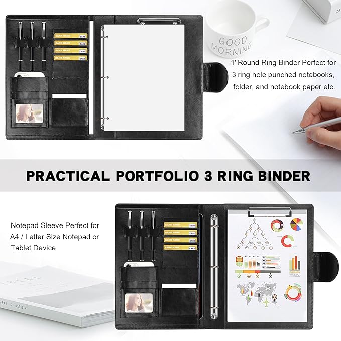 Toplive Padfolio Folder 3 Ring Binder PU Leather Portfolio, Business Interview Resume Portfolio A4/ Letter Size Document Organizer with Clipboard for Women Men, Black