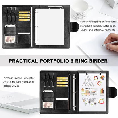 Toplive Padfolio Folder 3 Ring Binder PU Leather Portfolio, Business Interview Resume Portfolio A4/ Letter Size Document Organizer with Clipboard for Women Men, Black