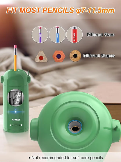 AFMAT Electric Pencil Sharpener for Colored Pencils 7-11.5mm, Fully Automatic Pencil Sharpener, Auto in & Out, Rechargeable Hands-Free Pencil Sharpener for Large Pencils, Sketch Pencils, Green