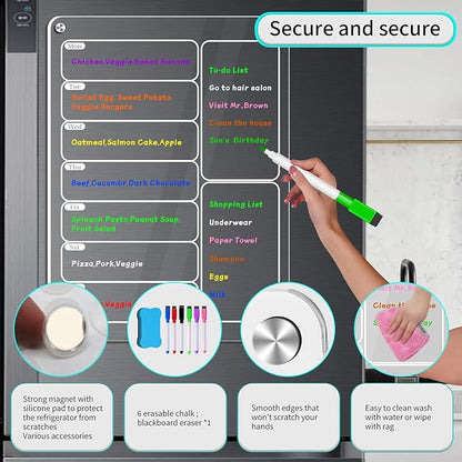 Acrylic Meal Planner Magnetic Menu Board for Kitchen Fridge, Clear Weekly Calendar Planning Board Refrigerator to Do/Grocery/Shopping List/Chore Chart, Magnetic Pen Holder and Eraser, 11.8 x 8’’