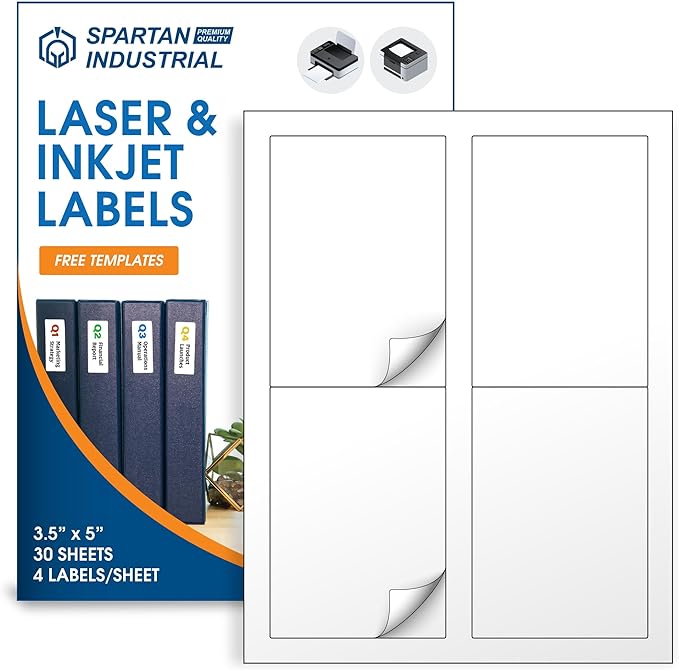 3 1/2" X 5" Matte White Printable Labels Compatible with Inkjet and Laser Printers - 30 Sheets, 120 Stickers for Shipping, Mailing, and Organization - Spartan Industrial