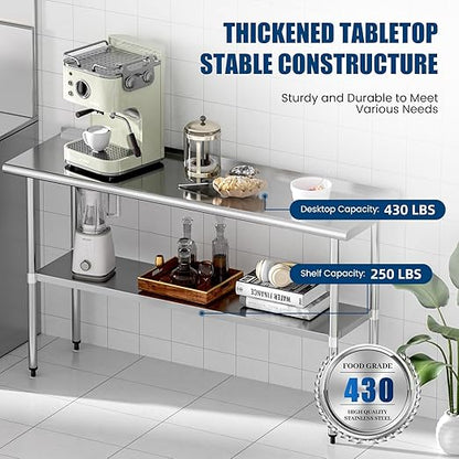 Stainless Steel Table 18 x 60 Inches Metal Prep Table with Backsplash & Adjustable Undershelf for Commercial Kitchen, Outdoor, Restaurant, Hotel & Garage