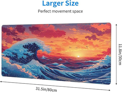 Gaming Mouse Pad Desk Pad,Extended Big Mouse Pad,31.5x11.8 Inch Long Computer Keyboard Mouse Mat Mousepad with 3mm Non-Slip Base and Stitched Edge for Gaming and Office… (Sunset Wave)