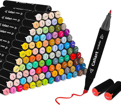 Caliart Markers, 100 Colors Dual Tip Art Markers Sketch Pens Permanent Alcohol Based, with Case for Adult Kids Halloween Drawing Sketching (Black Barrel)