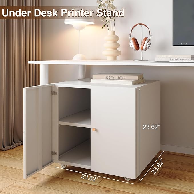 Metal Printer Stand, Large Printer Table with Wheels, Heavy Duty Printer Cabinet Stand, Mobile Fax Machine Stand with Storage, Modern Printer Stands for Home Office, Copier, Computer