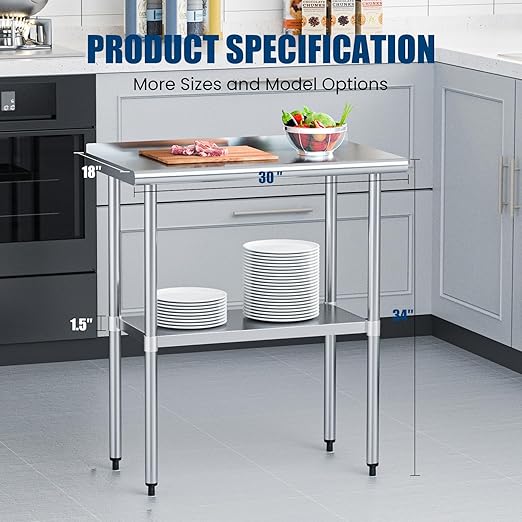Stainless Steel Table 18 x 30 Inches Metal Prep Table with Backsplash & Adjustable Undershelf for Commercial Kitchen, Outdoor, Restaurant, Hotel & Garage
