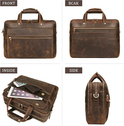 Augus Leather Briefcase for Men Business Travel Messenger Bags 15.6 Inch Laptop Bag YKK Metal Zipper, Brown