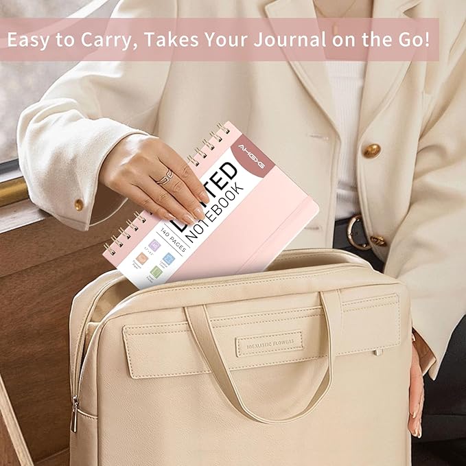 AHGXG Bullet Dotted Journal Spiral Notebook 8.5" x 11", Large A4 Leather Hardcover Dotted Notebook, 100 GSM Thick Dot Grid Paper, Inner Pocket, for Bullet Journaling, Rose Gold