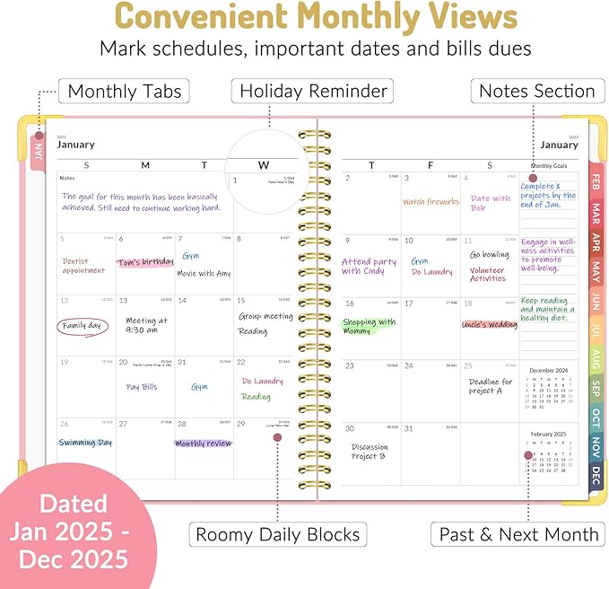 Forvencer 2025 Planner, Hardcover Weekly and Monthly Planner, January 2025 - December 2025, 6" x 8", Spiral Calendar Planner with Tabs, Exquisite Daily Organizer Notebook with Inner Pocket, Agenda Journal for Office Home School, A5 Size, Purple