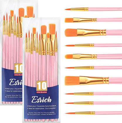 ESRICH Paint Brushes Set,2 Packs 20 Pcs Acrylic Paint Brush Set,Watercolor Oil Acrylic Nylon Hair Brushes,Artist Paintbrushes for Acrylic Oil Watercolor Painting Artist Professional Kits,Pink