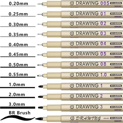 Muchcute Micro Fineliner Drawing Art Pens: 12 Black Fine Line Waterproof Ink Set Artist Supplies Archival Inking Markers Liner Sketch Outline Anime Gifts Manga Sketching Watercolor Zentangle Kit Stuff