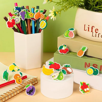 WDAHDHP Pencil Clips Topper for Kids, 50Pcs Different Cute Pencil Fruit Clips, Pencil Charms Bulk for Boys and Girls Classroom Prizes School Rewards