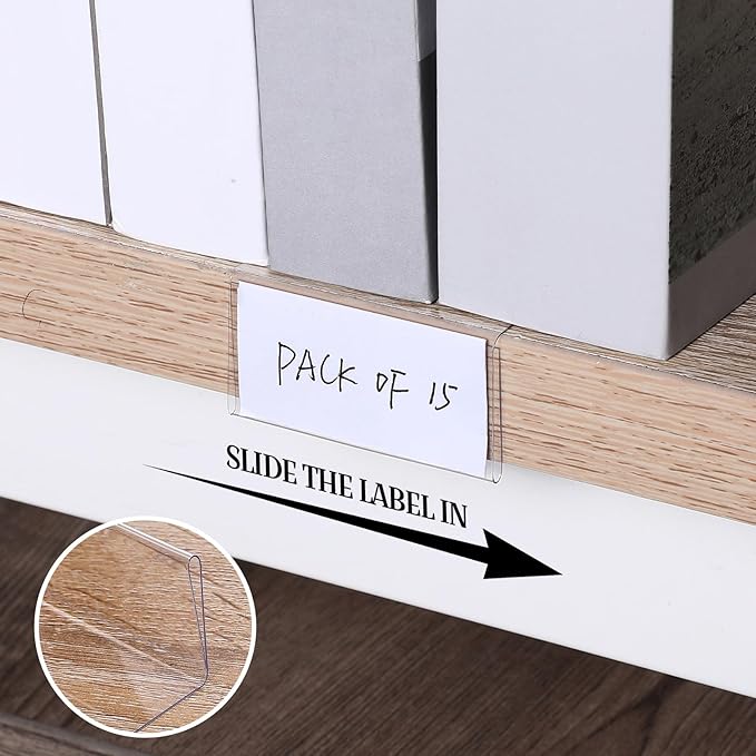 Containlol 15 Pieces Moveable Shelf Label Holders Clear Transparent Shelves Tags Index Card Pockets Library Markers Label Display Holder for Classroom Office Book(6.5 x 2 x 1 Inch)