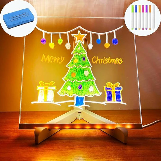 Acrylic Led Dry Erase Board - Creative Rewritable Message Board - Led Color Note Board with Stand - Light up Board to Write on as a Glow Memo Board Note with 7 Pen - Free Eraser Easy to Clean