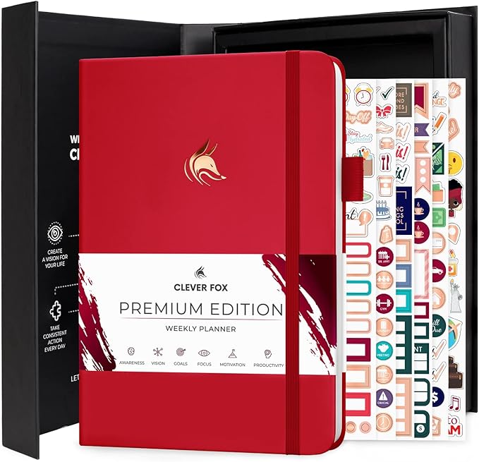 Clever Fox Planner Premium Edition – Undated Luxurious Weekly & Monthly Planner to Increase Productivity and Hit Your Goals – Organizer – Start Anytime, A5, Lasts 1 Year, Red (Weekly)