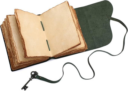 Fausta Vintage Handcrafted Leather Journal with Key for Writing, 240 Pages 7 x 5 inches, Deckled Cotton Paper Notebook/Diary for Men and Women 150 GSM Drawing/Sketchbook, Hunter Green