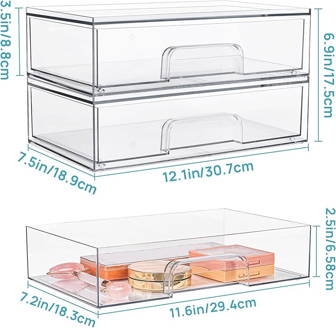 Vtopmart 12.1''W Clear Stackable Storage Drawers,2 Pack Acrylic Plastic Organizers Bins for Makeup Palettes, Cosmetics, and Beauty Supplies,Ideal for Vanity, Bathroom,Cabinet,Desk Organization