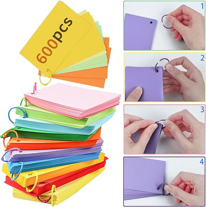 MotBach 600 Pieces Index Cards Flash Cards with Colorful Binder Rings,3" x 5", 10 Color Assorted Color Blank Punched Memo Note Cards Unlined Study Record To Do List for Home School Office Supplies