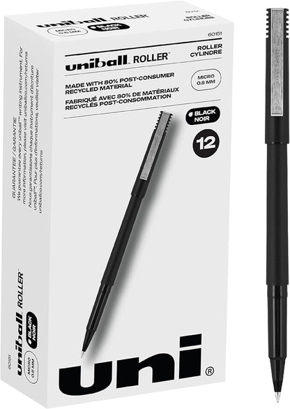uni-ball Roller Rollerball Pens Fine Point Micro Tip, 0.5mm, Black, 12 Pack