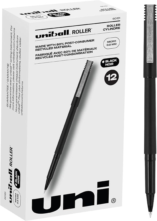 uni-ball Roller Rollerball Pens Fine Point Micro Tip, 0.5mm, Black, 12 Pack