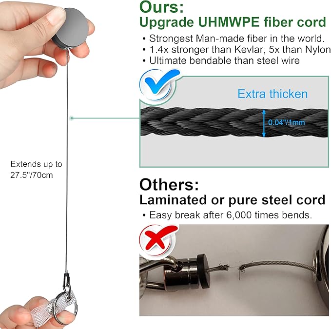 Will Well ID Badge Holder Reel with Clip and Keyring - Heavy-Duty All-Metal Casing with 27.5" UHMWPE Fiber Pull Cord for Durability and Easy Access, Holds up to 8 Keys - 4-Pack, Round, Glossy Black