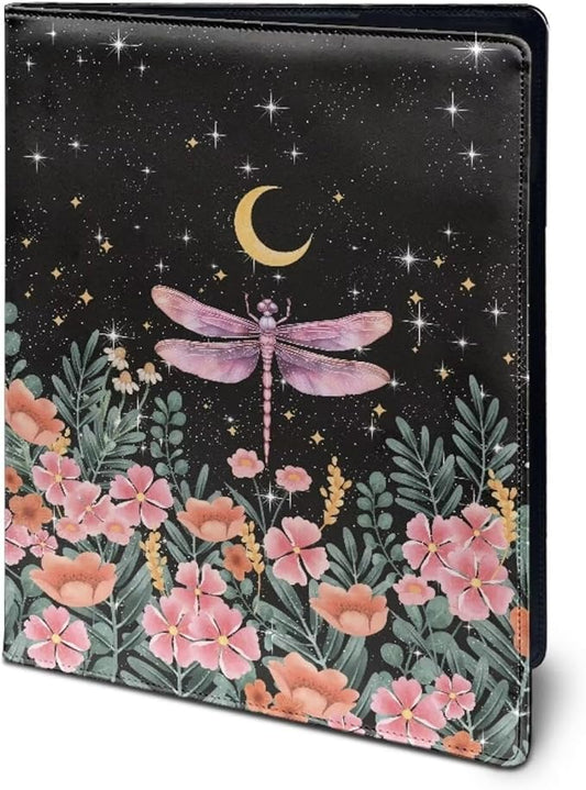 Dragonfly Flower Moon Portfolio Folder Leather Padfolio with A4 Size Clipboard Clip for Business Resume Interview Document Sleeve Binder Folder for Men/Women