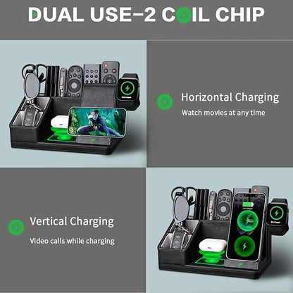 Black Leather Desk Organizer With Charging Station,Office Supplies Desk Accessories,Pen Holder for Desk,Remote Control Holder,Desk Organizer With Phone Charger,Nightstand Desktop Organizer