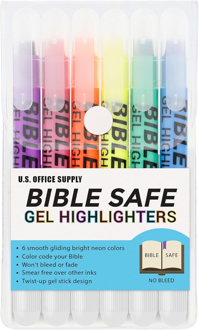 U.S. Office Supply Bible Safe Gel Highlighters, 6 Pack Set - 6 Different Bright Neon Fluorescent Highlight Colors Yellow, Orange, Pink, Purple, Green, Blue - Won't Bleed, Fade or Smear - Study Guide