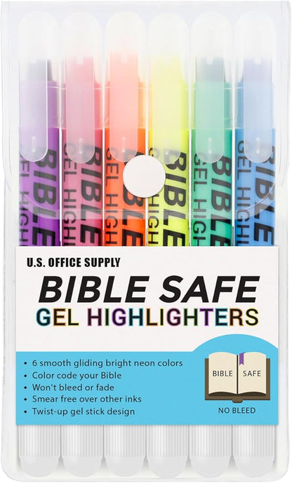 U.S. Office Supply Bible Safe Gel Highlighters, 6 Pack Set - 6 Different Bright Neon Fluorescent Highlight Colors Yellow, Orange, Pink, Purple, Green, Blue - Won't Bleed, Fade or Smear - Study Guide