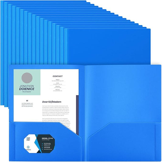 Gueevin 50 Pcs Plastic Folders with Pockets, Two Pocket Folder Fit Letter Size, Heavy Duty School Business Card Holder for Home Office School Bussiness, 11.61 x 9.45 Inches (Blue)