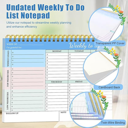 2 Packs Weekly To Do List Notepad - Weekly Planner Notepad, Undated Weekly Desk Planner with To Do List Notebook for Work, 52 Pages Spiral Bound Notepad with Checklist, 8.5"×11"