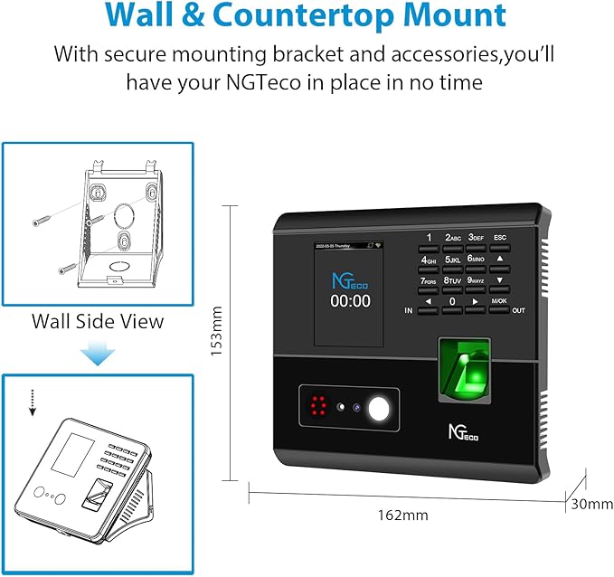 NGTeco Time Clocks for Employees Small Business with Face, Fingerprint, RFID and PIN Punching in One, MB1 Office Time Card Machine Automatic Punch with APP for iOS Android (0 Monthly Fee)