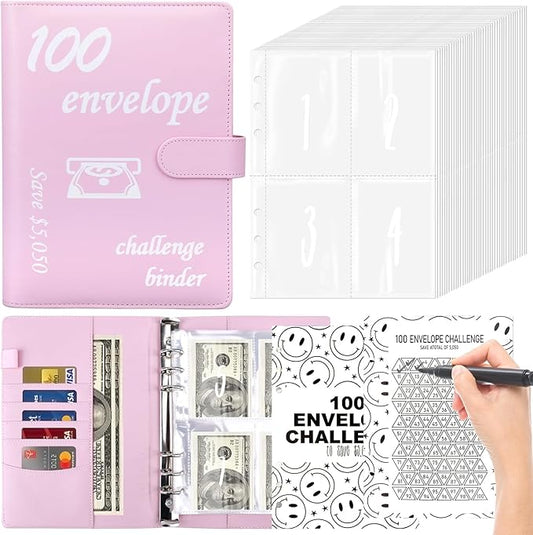 100 Envelopes Money Saving Challenge, Money Saving Binder to Save $5,050, Savings Challenges Book with Envelopes, Easy and Fun Way for Money Saving Challenge Book, 2 Reusable Trackers Included, Pink