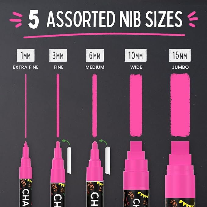 5 Pink Chalkboard Chalk Markers - Pink Dry Erase Markers for Blackboard, Chalkboard Signs, Windows, Glass | Variety Pack - Fine & Jumbo Size Ink Pen (1mm, 3mm, 6mm, 10mm, 15mm)