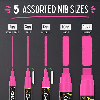5 Pink Chalkboard Chalk Markers - Pink Dry Erase Markers for Blackboard, Chalkboard Signs, Windows, Glass | Variety Pack - Fine & Jumbo Size Ink Pen (1mm, 3mm, 6mm, 10mm, 15mm)