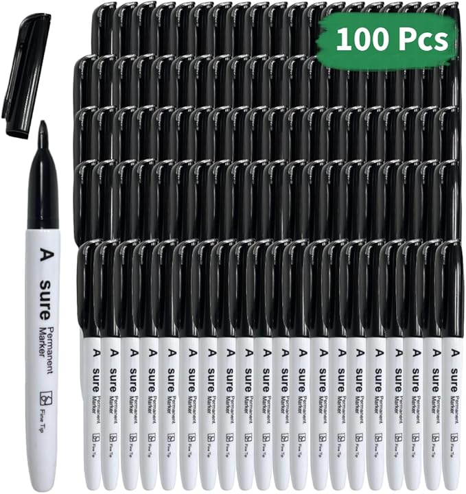 100 Pack Black Permanent Felt Waterproof Markers, Fine Point, Fade Resistant, Writes on Plastic, Metal, Glass, and Stone.