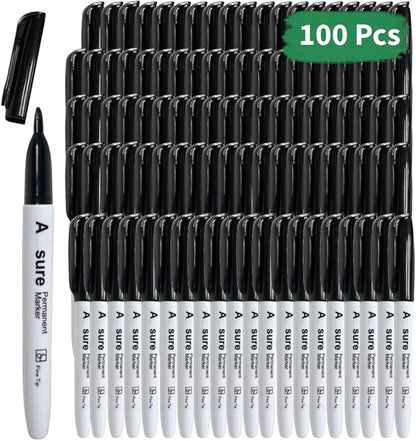 100 Pack Black Permanent Felt Waterproof Markers, Fine Point, Fade Resistant, Writes on Plastic, Metal, Glass, and Stone.