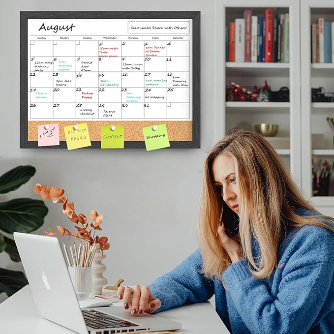 Dry Erase Calendar for Wall, 18x24 Inches Dry Erase Calendar Cork Board Combo, Magnetic White Board with Wood Framed, Hanging Dry Erase Board for Planner Home Office Kitchen Memo