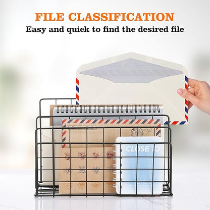 3 Slot Metal Desk Mail Organizer, Mesh Small Large File Magazine Book Record Holders Letter Organizer, Bill/Document/Filing/Folders/Paper Organizer for Desktop (Black-Large)