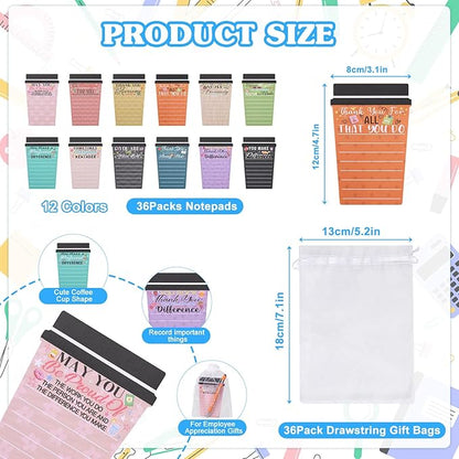 36 Set Employee Appreciation Gifts Bulk Team - 36Pack Coffee Cup Notepad+36 Ballpoint Pens+ 36 Drawstring Gift Bags, Bulk Gifts for Coworkers/Staffs/Teachers/Christmas