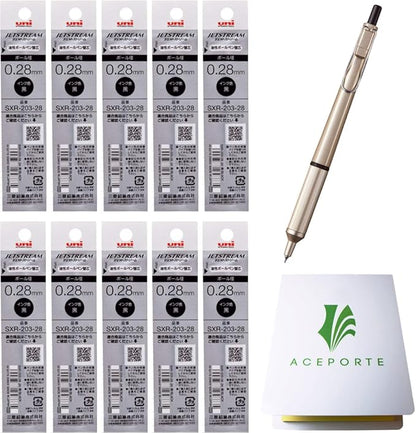 Uni Jetstream EDGE 0.28mm Oil-based Ballpoint Pen Champagne Gold Body + 10 Black Refills, Sticky Notes Value Set