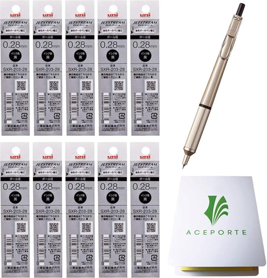 Uni Jetstream EDGE 0.28mm Oil-based Ballpoint Pen Champagne Gold Body + 10 Black Refills, Sticky Notes Value Set