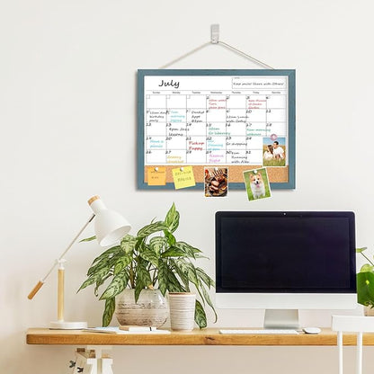 Whiteboard Calendar & Corkboard for Wall, 17"x13" Dry Erase Monthly Calendar with Wood Framed, Magnetic White Board Cork Board Combo, Calendar Bulletin Board for Home Office Kitchen Memo Planner