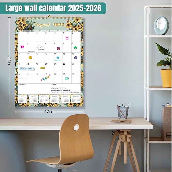 Gannyfer 2025 Wall Calendar, Large Wall Calendar 22"x17", 18 Monthly Hanging Calendar January 2025-June 2026, Yearly Planner Calendars with Plastic Cover, Thick Paper for Home School, or Office, Christmas Gifts for Women-Floral (6 Funny Stickers)