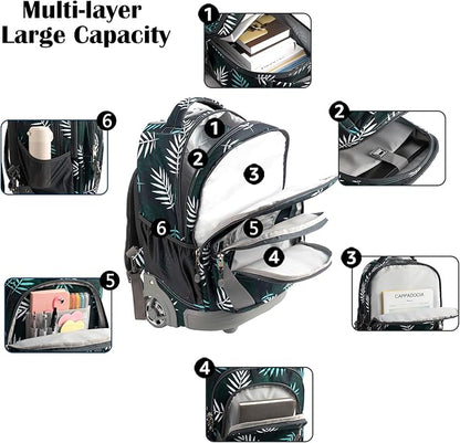 18 inches Wheeled Rolling Backpack Multi-Compartment College Books Laptop Bag, Leaves.