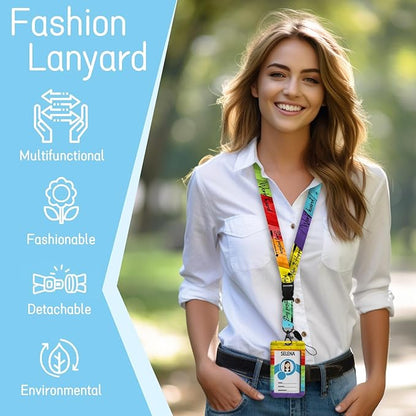 Lanyards for Id Badges, Positive Badge Holder with Retractable Reel Clip, Inspirational Quote Name Tag Keychain Rainbow Lanyard Vertical ID Card Protector for Women Nurse Doctor Teacher Student