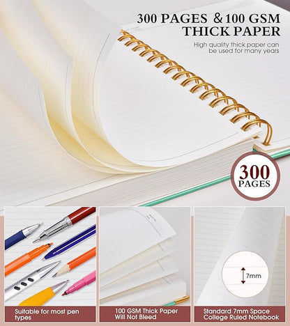 Spiral Notebook Journal 5.75” x 8.38”, 300 Pages Hardcover Leather Lined Journals for Women Men, A5 Small College Ruled Notebooks with 100 GSM Thick Paper, Spiral Journal for Writing Work School, Teal